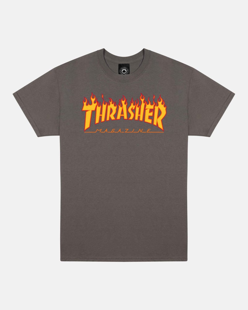 Thrasher Skateboard Magazine Flame Logo Short Sleeve T-Shirt, Gray/Gray, Size: XX-Large